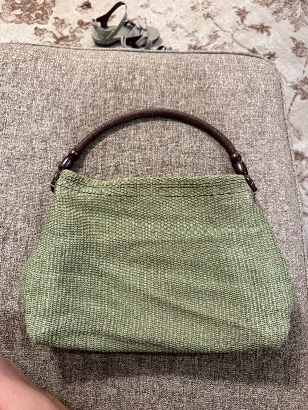Fossil Olive Green Woven Shoulder Bag with Brown Handle